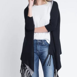 3/4 three quarter sleeve knit poncho features frin